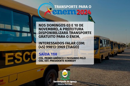 Governo Municipal disponibiliza transporte gratuito para o ENEM 2024