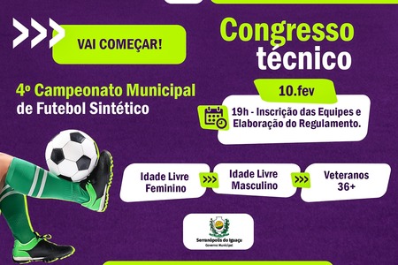 Congresso técnico do 4º Campeonato Municipal de Futebol Sintético será realizado na próxima segunda-feira Congresso técnico do 4º Campeonato Municipal de Futebol Sintético será realizado na próxima segunda-feira